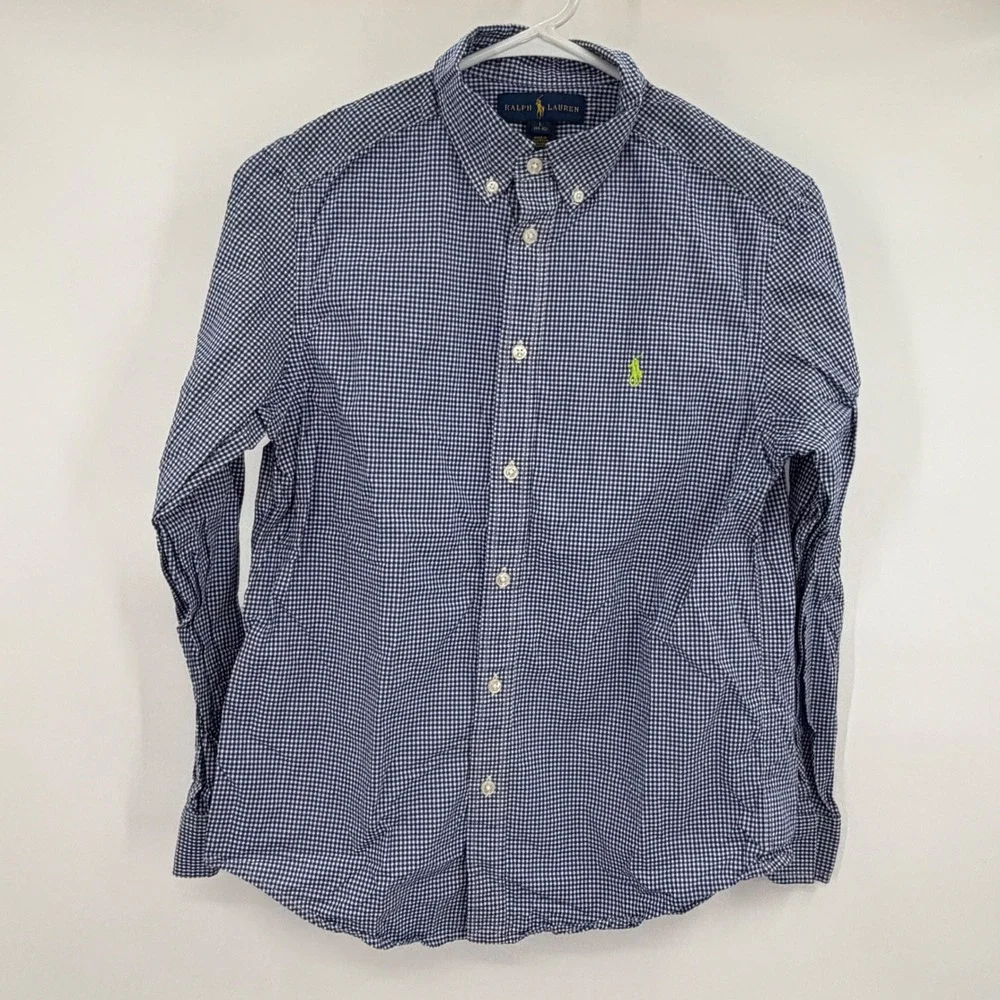 Ralph Lauren Button Down Shirt Kids Size L (14-16) Blue Gingham Long Sleeve Pony